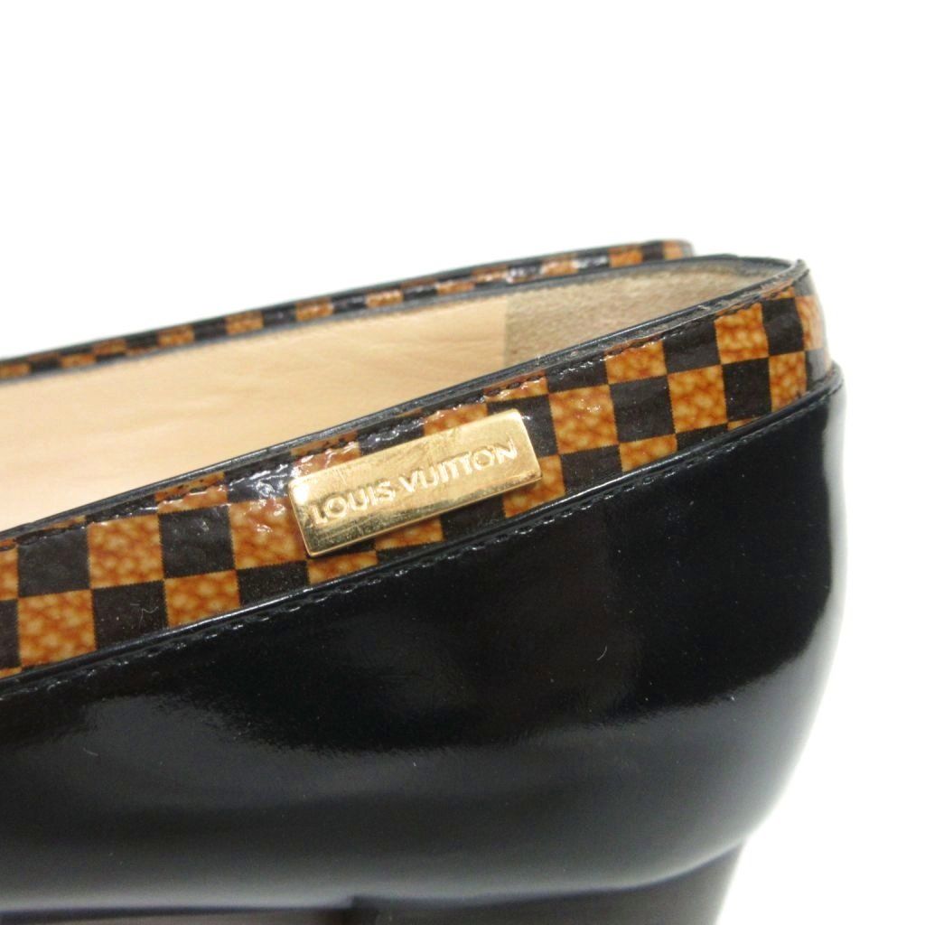 【中古】ルイヴィトン LOUIS VUITTON ダミエ パンプス ロゴプレート エナメル ローヒール 36 茶 ブラウン IBO86 ルイヴィトン LOUIS VUITTON ダミエ パンプス ロゴプレート エナメル