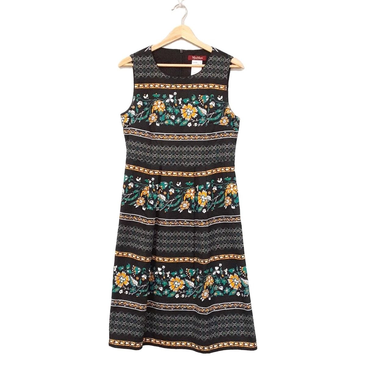 マックスマーラスタジオ ワンピース サイズJ 44 レディース 黒 グリーン ダークイエロー ノースリーブ ひざ丈 花柄