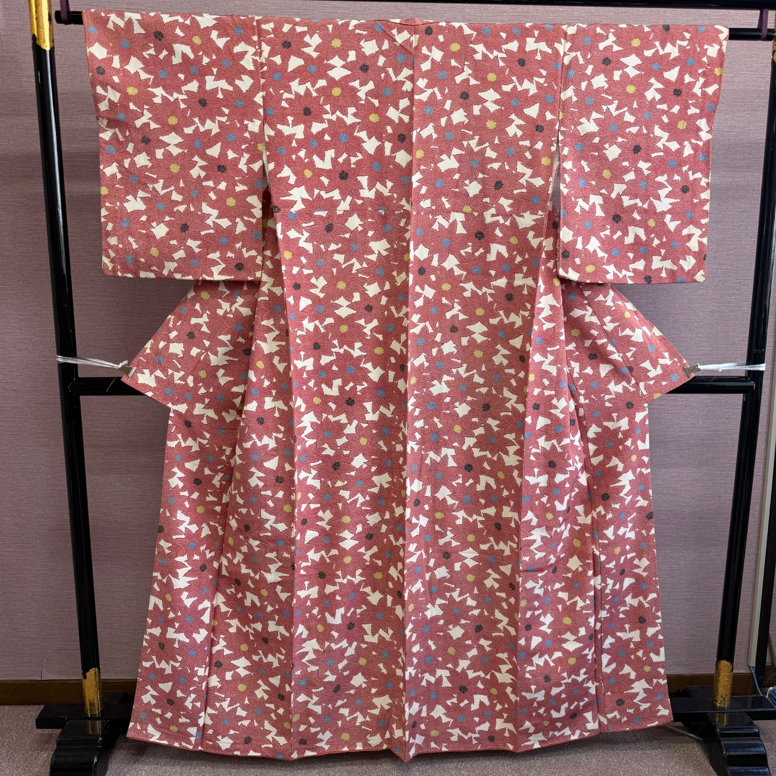 小紋 袷 着物 小紋着物 葉っぱ 葉模様 赤 白 リサイクル着物 k-828 