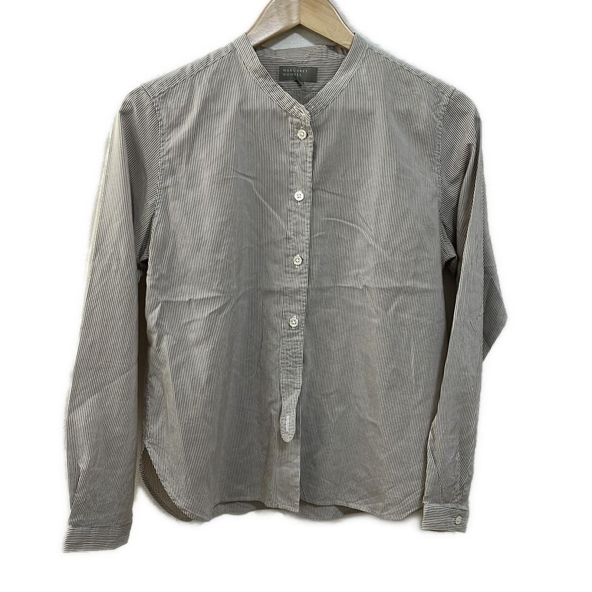 MargaretHowell(マーガレットハウエル) 長袖シャツブラウス サイズ2 M レディース - グレーベージュ×白 シルク混/ストライプ