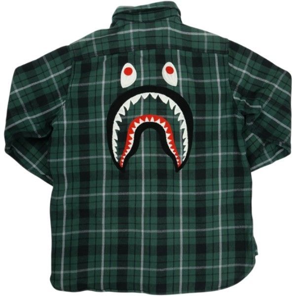 Size L A BATHING APE ア ベイシング エイプ SHARK FLANNEL CHECK SHIRT フランネル長袖シャツ 緑 品-