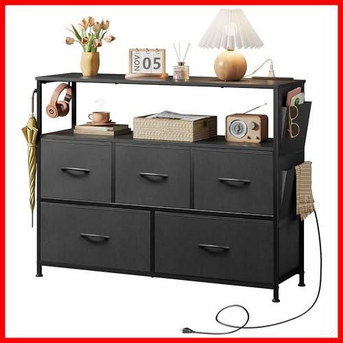 在庫 コンセント付き USBボード キャスター付き 2段棚付き収納 サイドポケット付き 2段5杯 箪笥 ローチェスト タンス リビング収納 おしゃれ 収納チェスト 布製 チェスト 引き出し 大容量 洋服タンス 衣類収納 WLIVE 北欧 シンプル ブラ