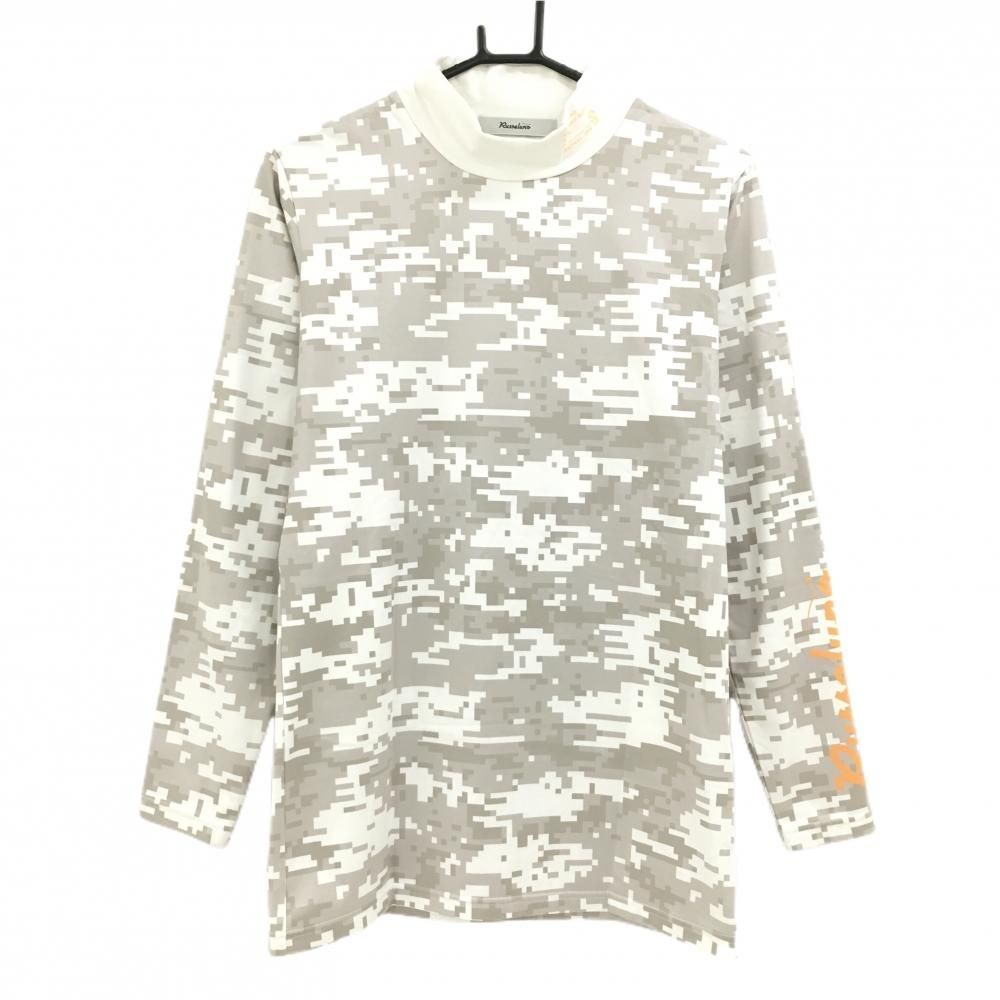 美品】ラッセルノ 長袖ハイネックシャツ 白×グレー 総柄 裏微起毛