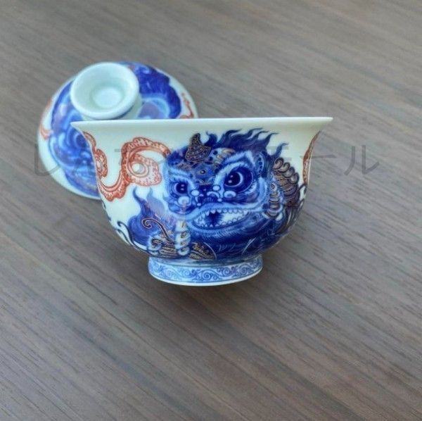 新品】景徳鎮七丞堂陶磁青花釉里紅双獅滾?球二才蓋碗 茶碗 煎茶器