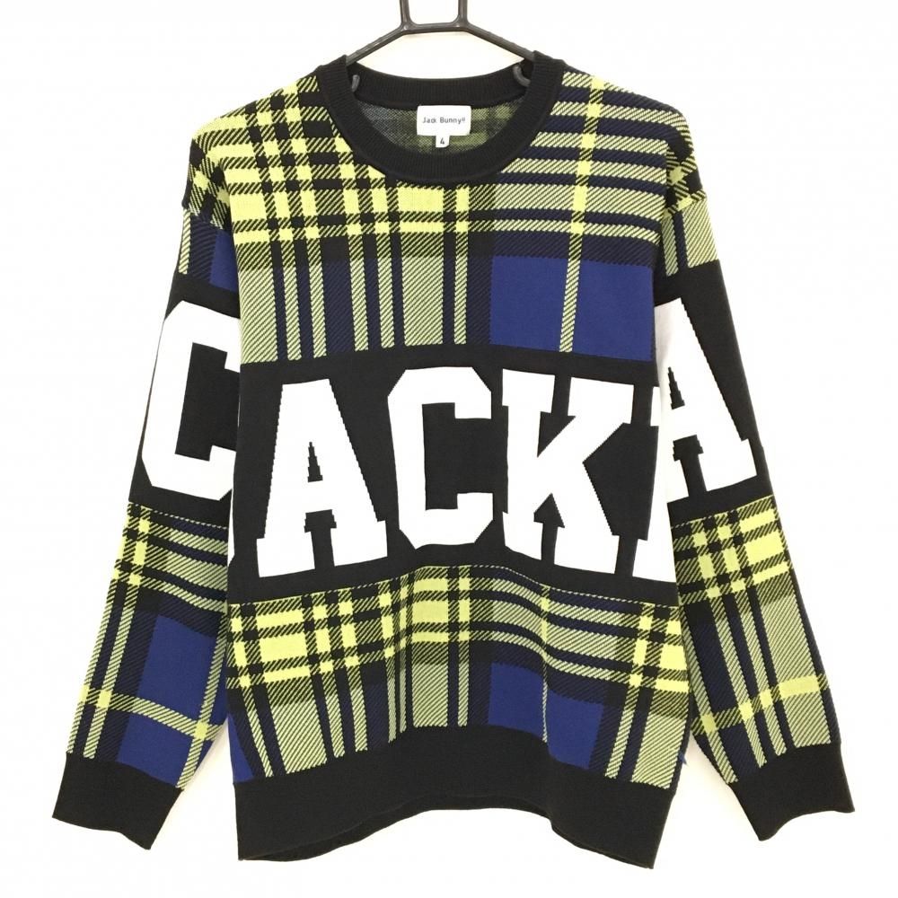 ジャックバニー セーター 黒×イエロー チェック ビッグロゴ ニット メンズ 4 M ゴルフウェア 2025年モデル Jack Bunny