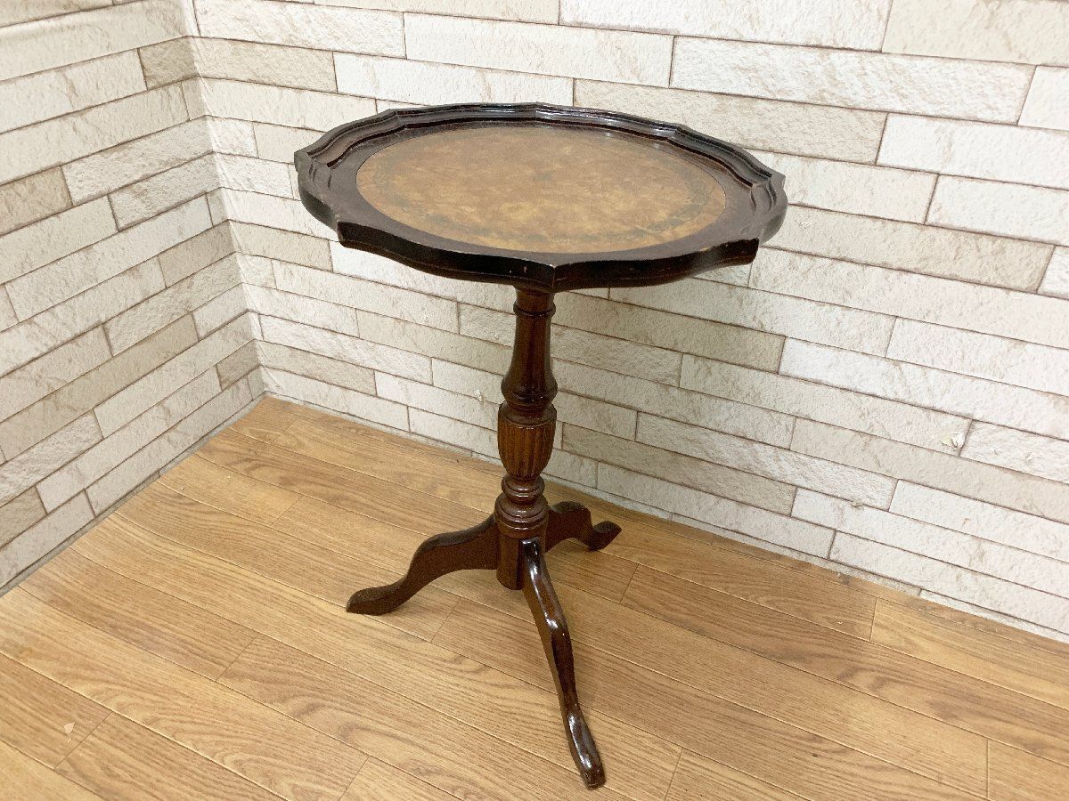 ◆英国アンティーク サイドテーブル コンソール 机 ワインテーブル レザートップ 象嵌 木製 円形 花台 飾り台 畑1224