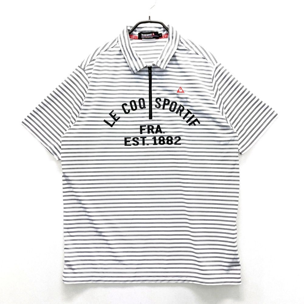 サイズ：L LE COQ GOLF ルコックゴルフ  ハーフジップ 半袖ポロシャツ ボーダー柄 ホワイト系 [240101561754] ゴルフウェア メンズ ストスト