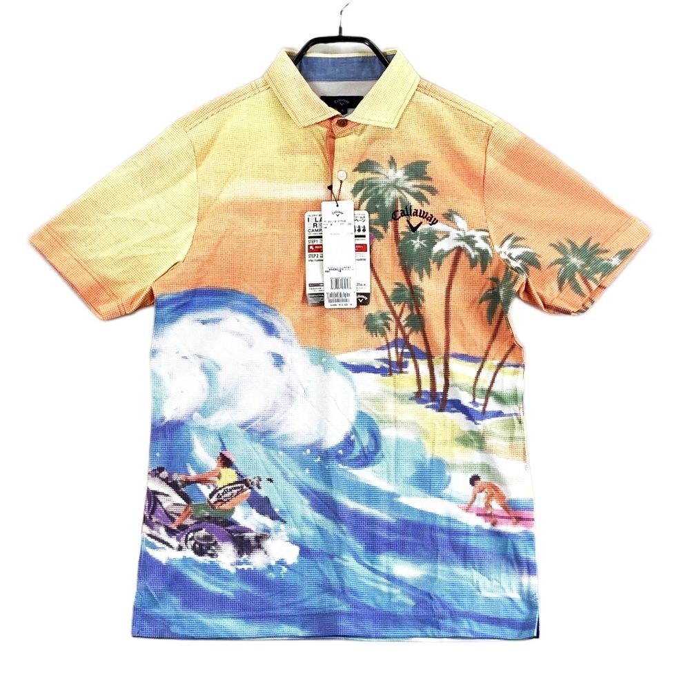 サイズ M キャロウェイ フルグラフィック 半袖ポロシャツ 総柄 オレンジ系 ゴルフウェア メンズ ストスト