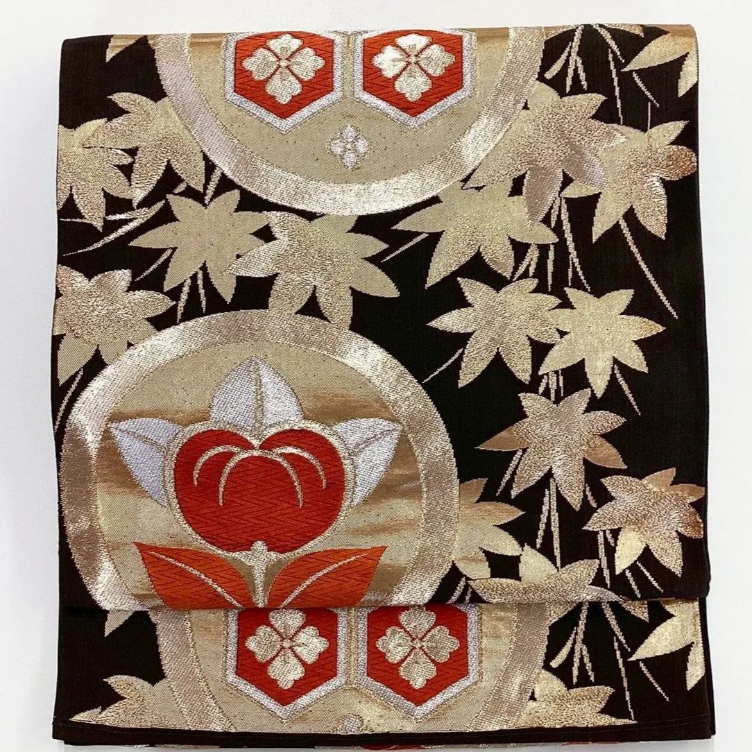 正絹　六通袋帯【丸紋　花　亀甲】 6180］袋帯 花蝶亀甲丸文様 金糸 六通 正絹 着物 フォーマル 黒 - メルカリ