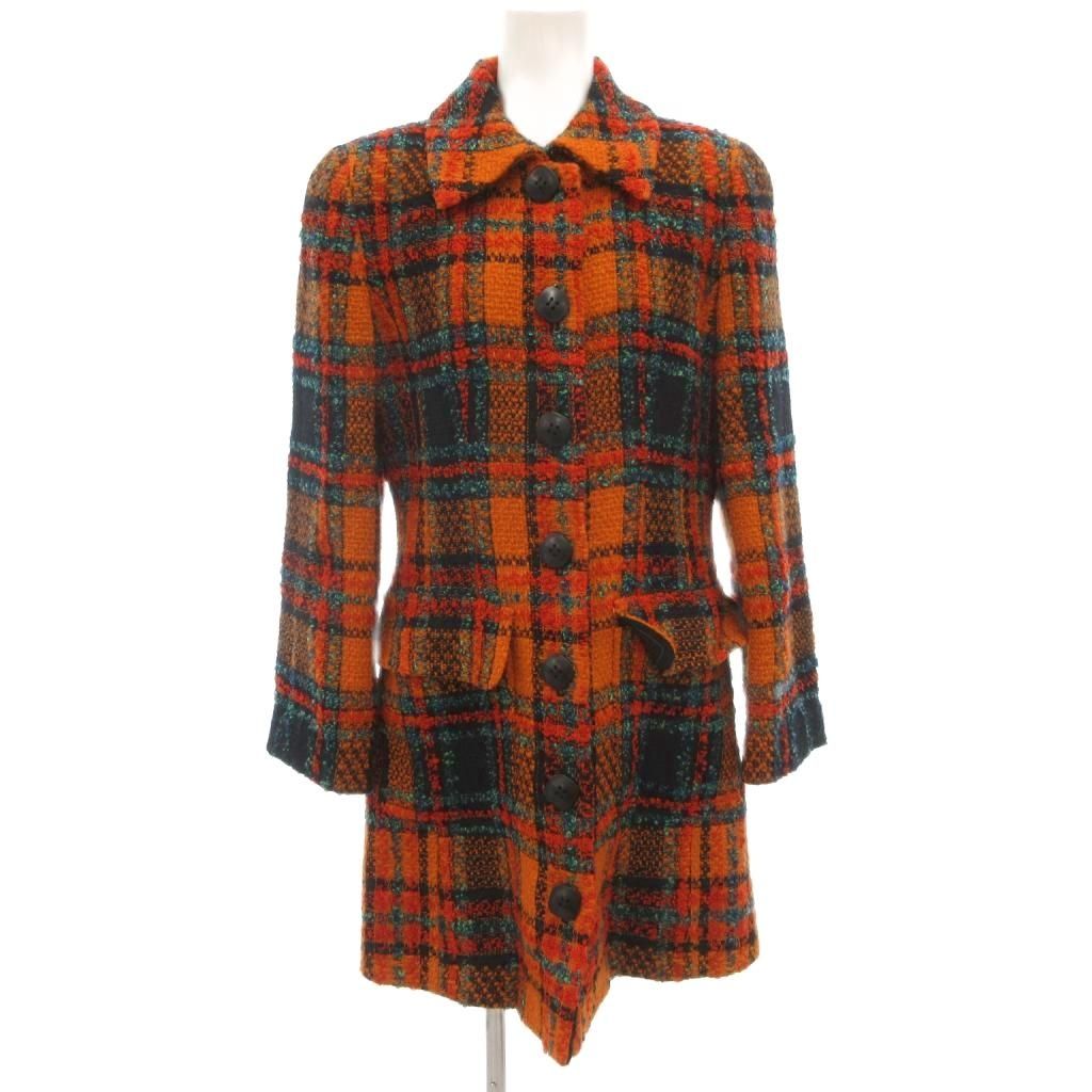 ミスクロエ miss chloe セットアップ ツイード ロングジャケット ひざ丈スカート 40 総裏地 チェック オレンジ 黒 ブラック GV