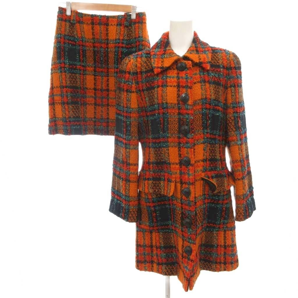 ミスクロエ miss chloe セットアップ ツイード ロングジャケット ひざ丈スカート 40 総裏地 チェック オレンジ 黒 ブラック GV