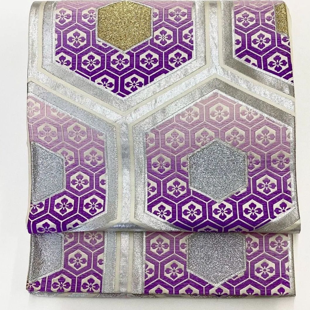 6198］袋帯 花菱亀甲文様 刺繍 金銀糸 六通 正絹 着物 フォーマル