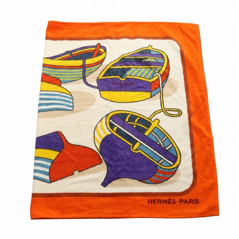 エルメス HERMES ビーチタオル バスタオル 大判 総柄 ボート ロゴ オレンジ GY 17 MQ OH