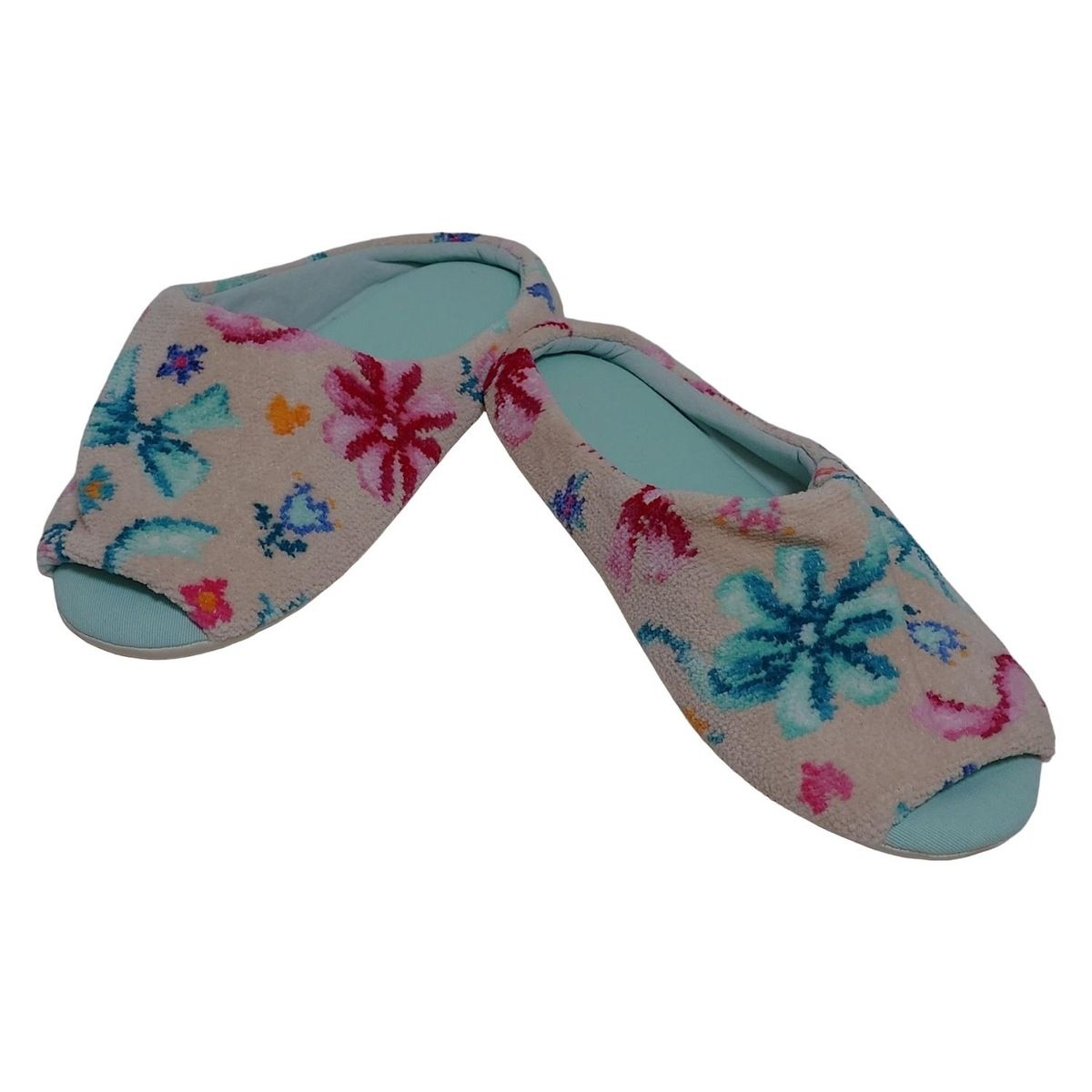 FEILER フェイラー 靴 レディース - アイボリー×ライトブルー×マルチ スリッパ ルームシューズ 花柄 リボン オープントゥ