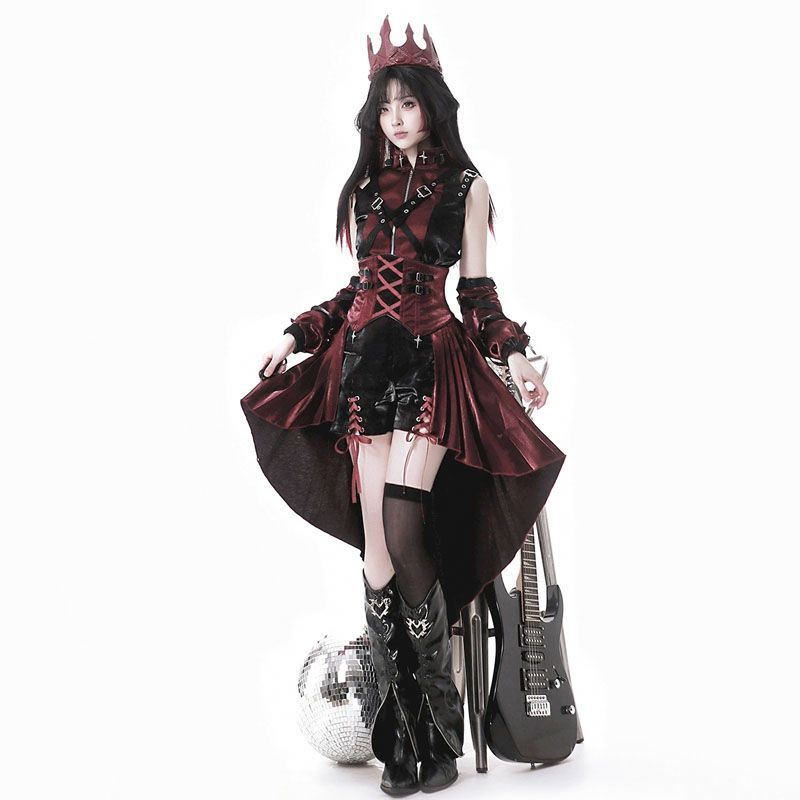 刺客ロリータ 可愛いLolita トップス 袖カバー サスペンダースカート ショートパンツの4点セット 個性派甘辛ミックス コスプレ 仮装 撮影 イベント 衣装 レディース お出かけ 日常かわいいスタイル 体型カバー ガーリー