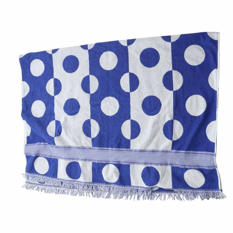 エルメス HERMES ビーチタオル バスタオル 総柄 ロゴ 水玉柄 ドット柄 フリンジ 白 ホワイト青 ブルー GY 17 MQ OH