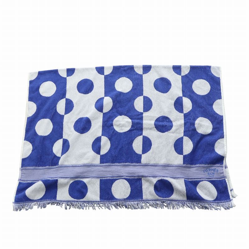 エルメス HERMES ビーチタオル バスタオル 総柄 ロゴ 水玉柄 ドット柄 フリンジ 白 ホワイト青 ブルー GY 17 MQ OH