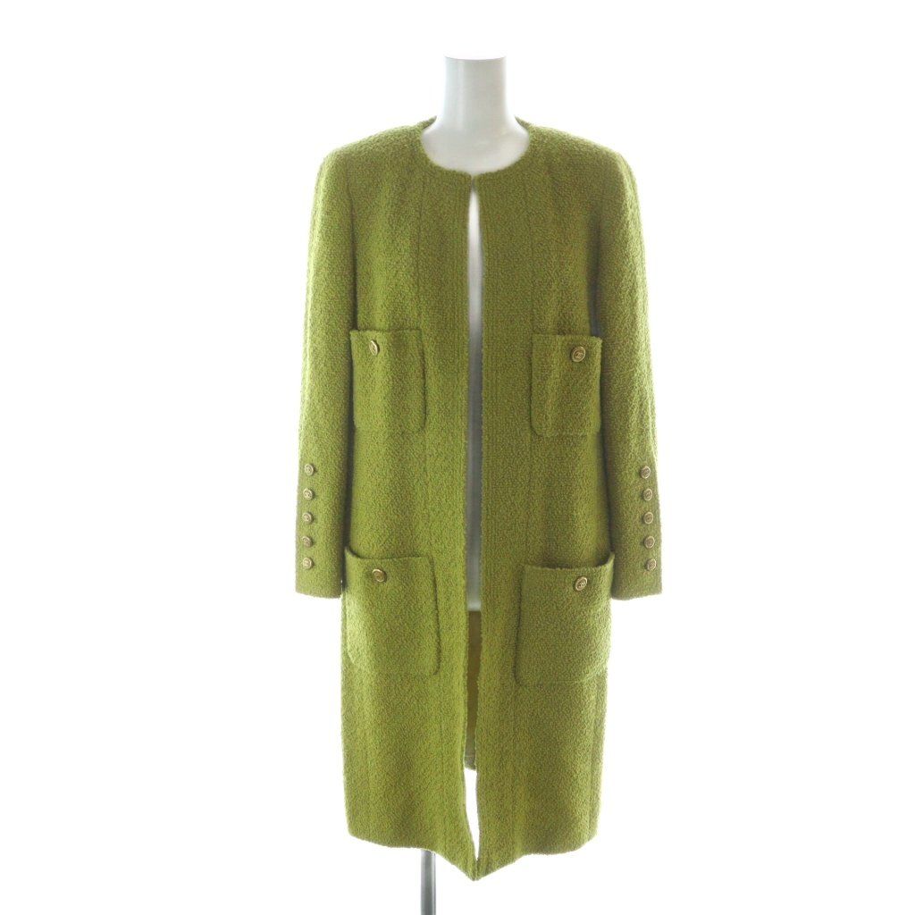 シャネル CHANEL ロングコート 前開き 金ボタン ロゴ ノーカラー 肩パッド ココマーク 総裏地 絹 シルク 38 M 緑 グリーン GY 13 |MQ