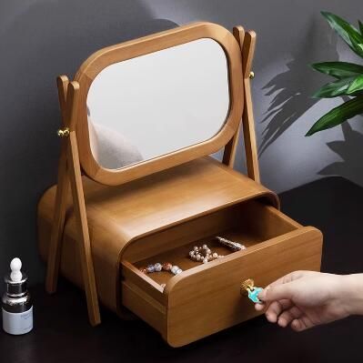 メイクボックス 化粧鏡付き 化粧品収納ボックス 鏡付き 卓上鏡台 ミニドレッサー 引き出し 角度調整 小物入れ 無垢材 木製 アクセサリー 北欧 ナチュラル シンプル モダン おしゃれ かわいい