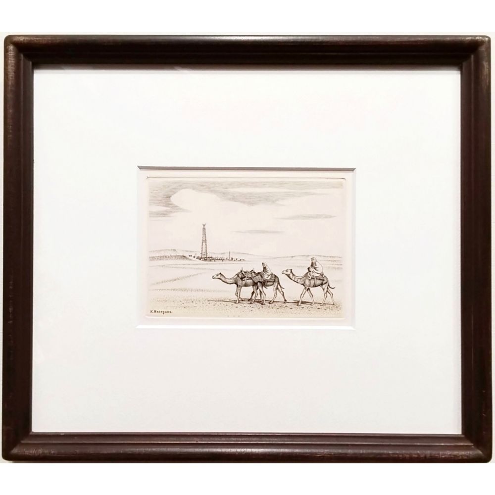 長谷川潔 砂漠の中のデリック 油田櫓 1954 55年 ビュラン エングレーヴィング 銅版画 小品 額付 真作