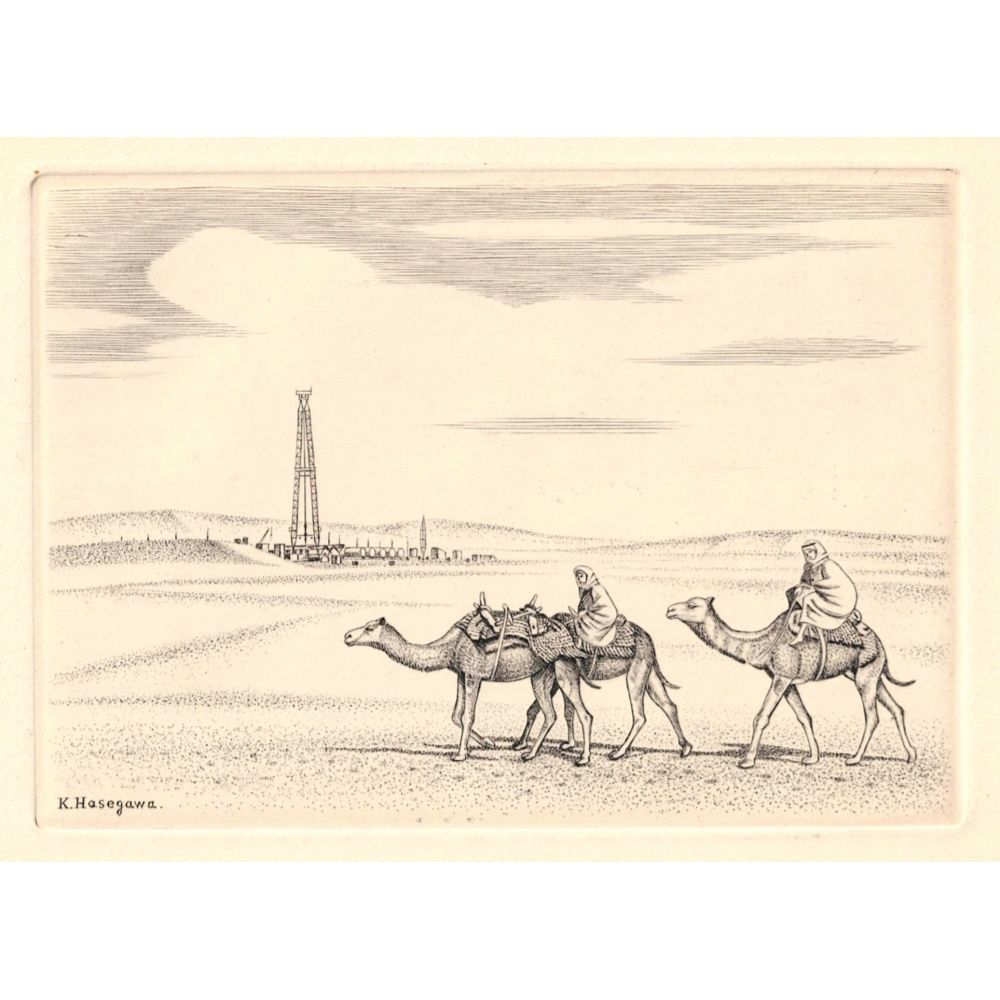長谷川潔 砂漠の中のデリック 油田櫓 1954 55年 ビュラン エングレーヴィング 銅版画 小品 額付 真作