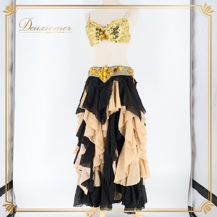 ベリーダンス トライバルフュージョン 衣装 上下セット ブラック系 スパンコール ラインストーン 5点 セット トップス スカート ズボン ベルト 黒 金 豪華 装飾 華やか トライバル キラキラ 