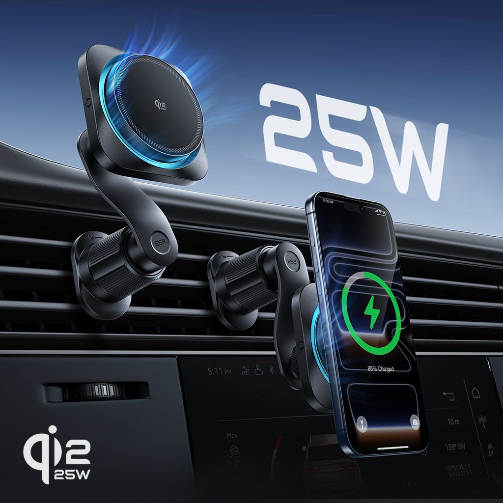 ESR Qi 2 25 W認証 マグネット式ワイヤレス充電対応車載ホルダー OmniLock 合計出力58 WのUSB-A＆USB-Cシガーソケット ES 28339
