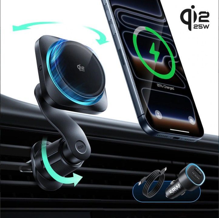 ESR Qi 2 25 W認証 マグネット式ワイヤレス充電対応車載ホルダー OmniLock 合計出力58 WのUSB-A＆USB-Cシガーソケット ES 28339