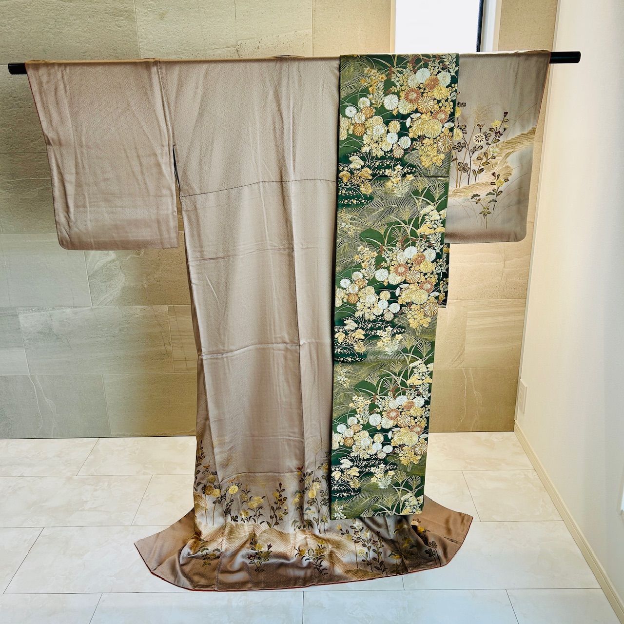 着物 帯 セット 付け下げ 袋帯 グレー系 緑系 上品 華やか 管理番号