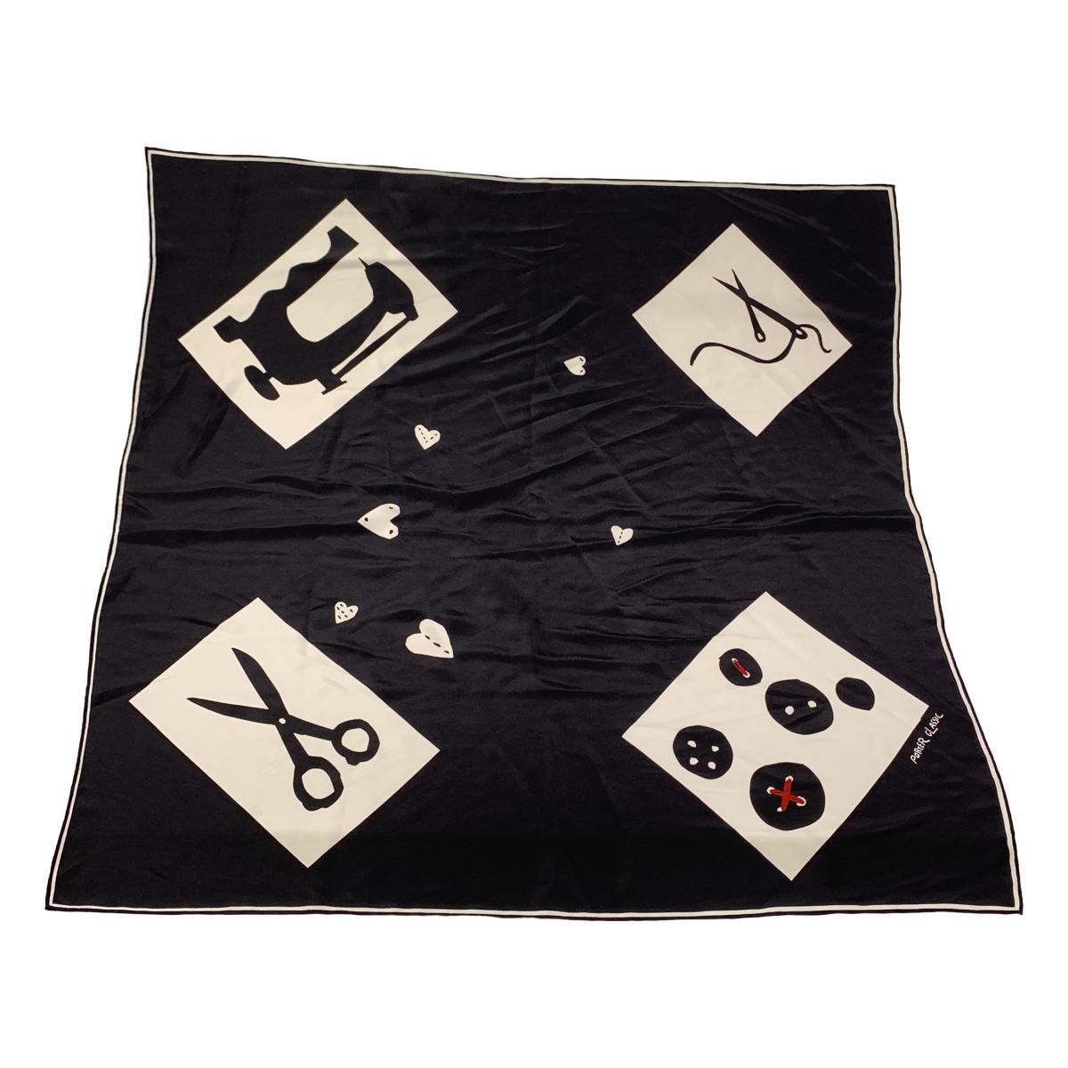 【美品】  PORTER CLASSIC / ポータークラシック | お針子マフィア 総柄 シルク スカーフ | ブラック 美品】 PORTER CLASSIC / ポータークラシック | お針子マフィア 総柄