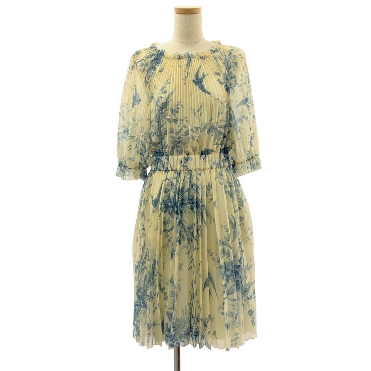 RED | レッドヴァレンティノ モスリン プリーツシフォン プリント ギャザー ドレス ワンピース 38 ベージュ|ブルー レディース