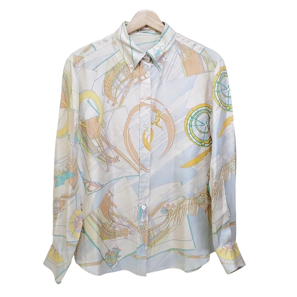 HERMES エルメス 長袖シャツ サイズ40 S メンズ アイボリー×グリーン×マルチ シルク