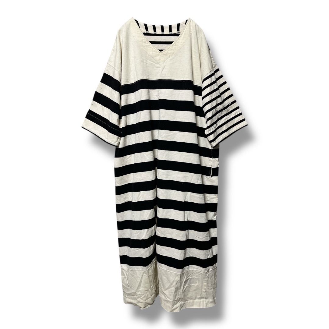 -RC アンドアールシー クレイジー ボーダーワンピース Vネック 半袖 プルオーバー Curensology 定価22000円 レディース サイズF ホワイト×ネイビー 春 23 No.K 1022