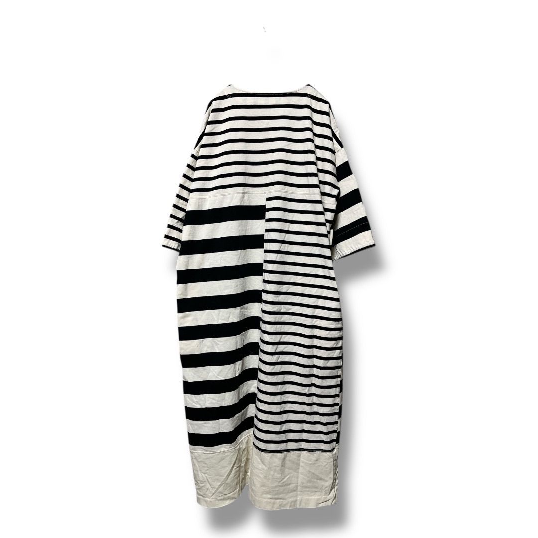 -RC アンドアールシー クレイジー ボーダーワンピース Vネック 半袖 プルオーバー Curensology 定価22000円 レディース サイズF ホワイト×ネイビー 春 23 No.K 1022