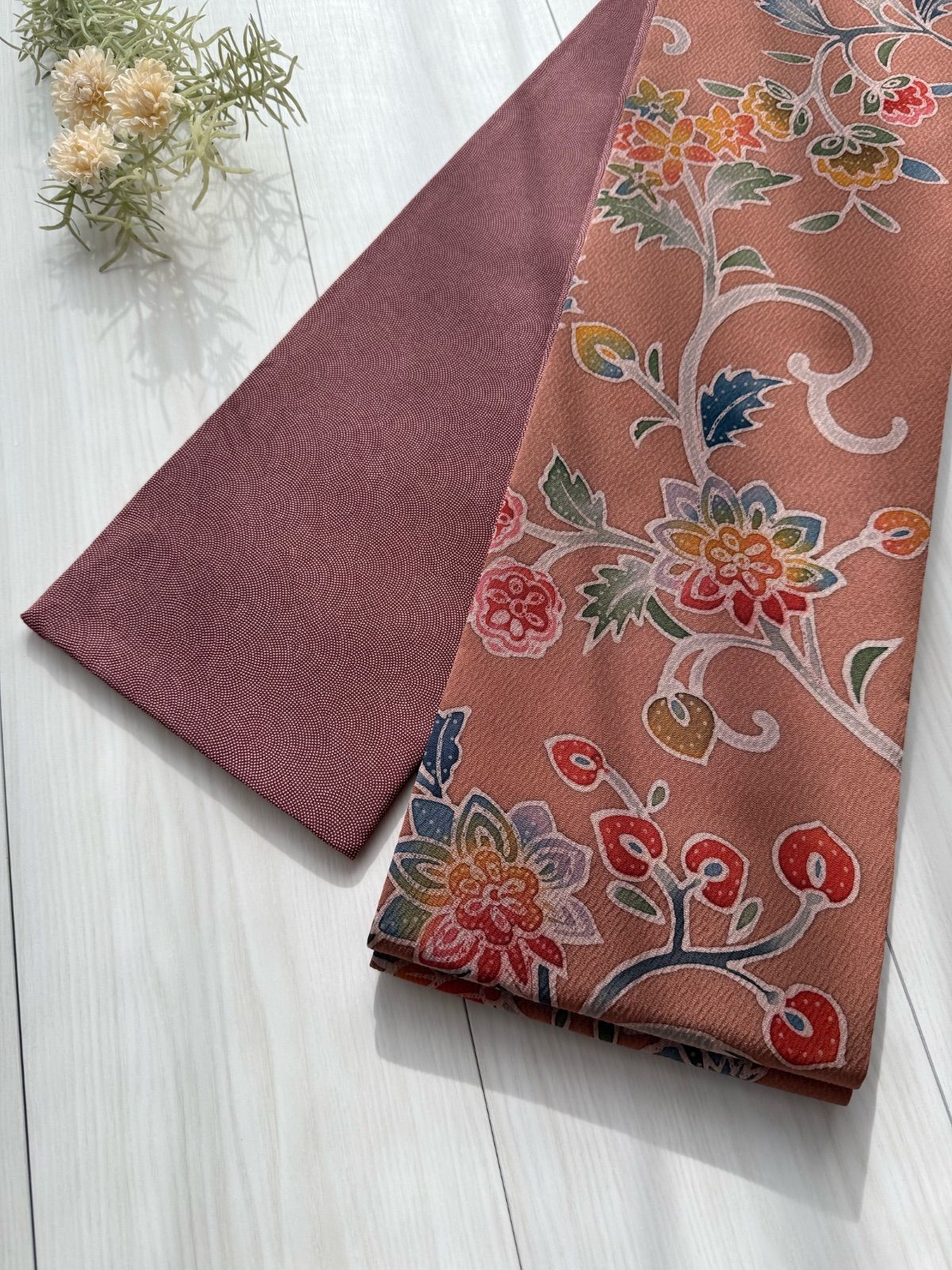 277号 半幅帯 手描き染め小紋 茶系 鮫小紋 渋紫 正絹 リバーシブル ︎1点〜6点の 商品です ︎