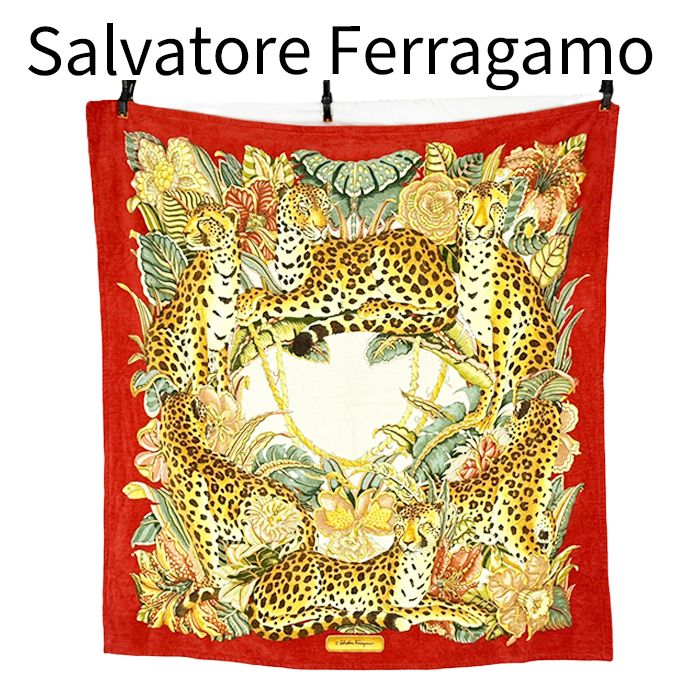 フェラガモ Salvatore Ferragamo ビーチタオル 大判 レオパード レッド 赤