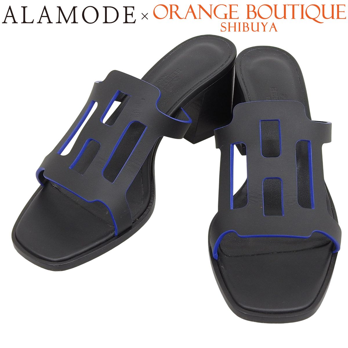 HERMES エルメス イジ― 60 サンダル ブラック黒 ブルー青 レザー サンダル|ミュール アパレル ファッション 靴 シューズ ヒール レディース アラモード