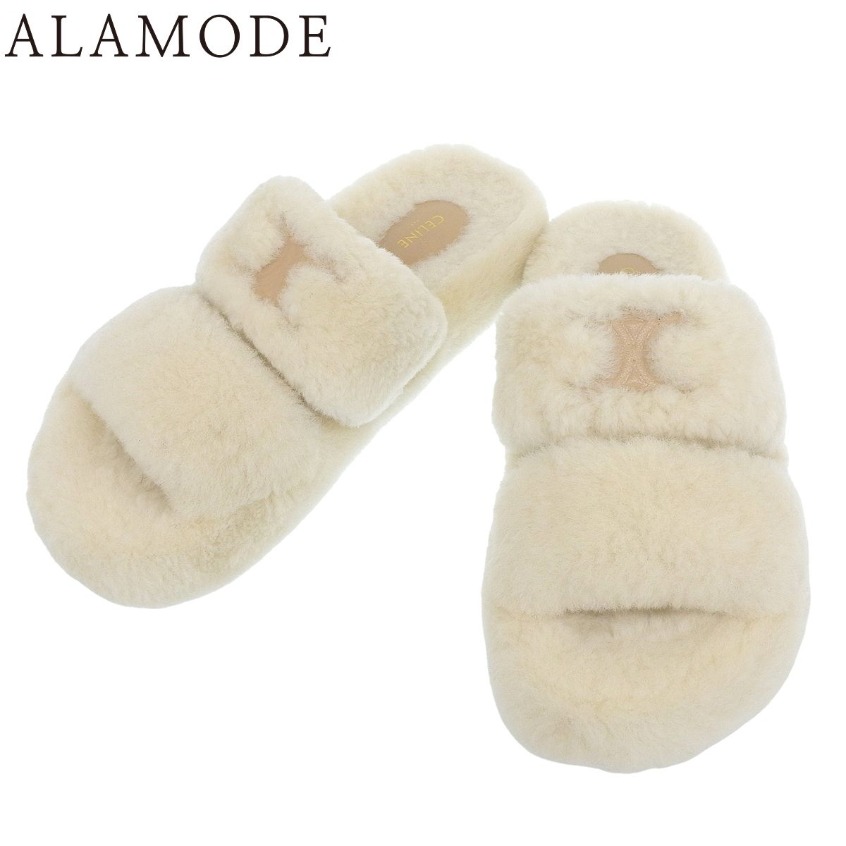 CELINE セリーヌ トリオンフ スライド ファー サンダル ミュール アパレル ファッション 靴 くつ シューズ 39 シアリング アイボリー ベージュ レディース アラモード