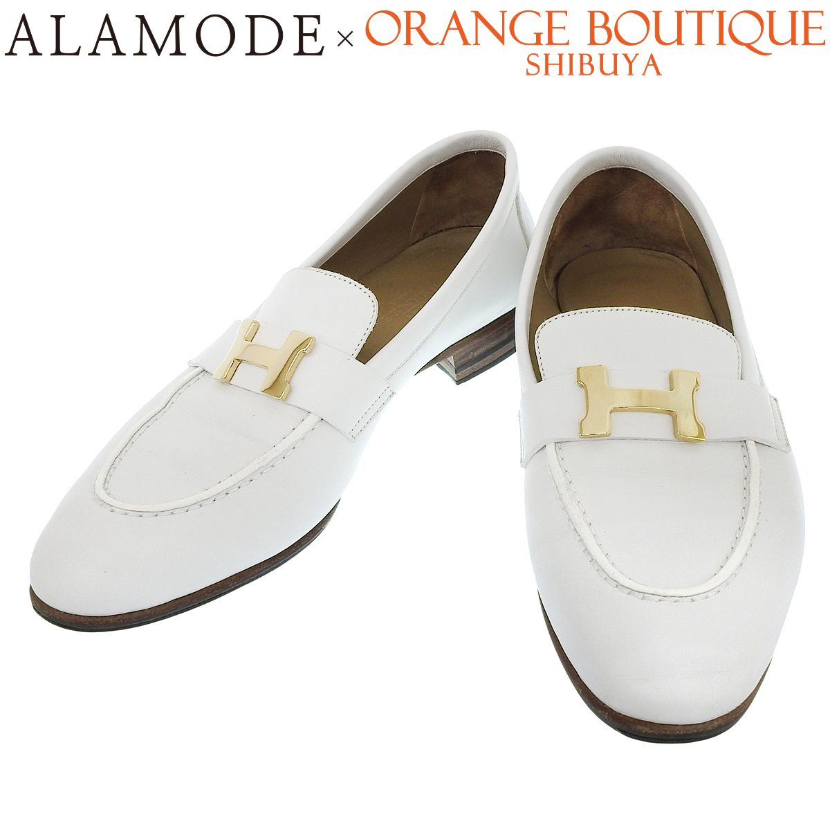 HERMES エルメス モカシン パリ ホワイト白 レザー ゴールド金具 フラットシューズ|ローファー アパレル ファッション 革靴 くつ シューズ レディース アラモード