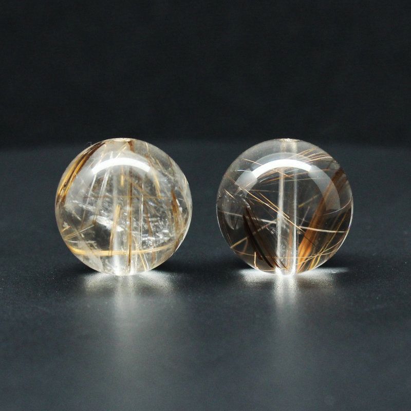 2珠セット ブラウン＆コッパー が魅力の14 mm 金針が美しい ルチルクォーツ GHTU 28 8 g 粒売り ハンドメイド 交換用ゴム付＆巾着 金運 ビジネス運 人間関係 目標達成 金針水晶 お守り効果 ギフト 京海堂 天然石の卸 京の蔵