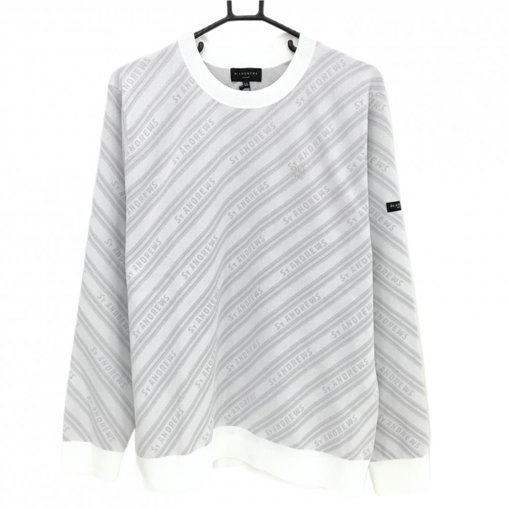 セントアンドリュース セーター 白×ライトグレー シルバーラメ 斜めロゴ総柄 ニット メンズ LL ゴルフウェア St ANDREWS