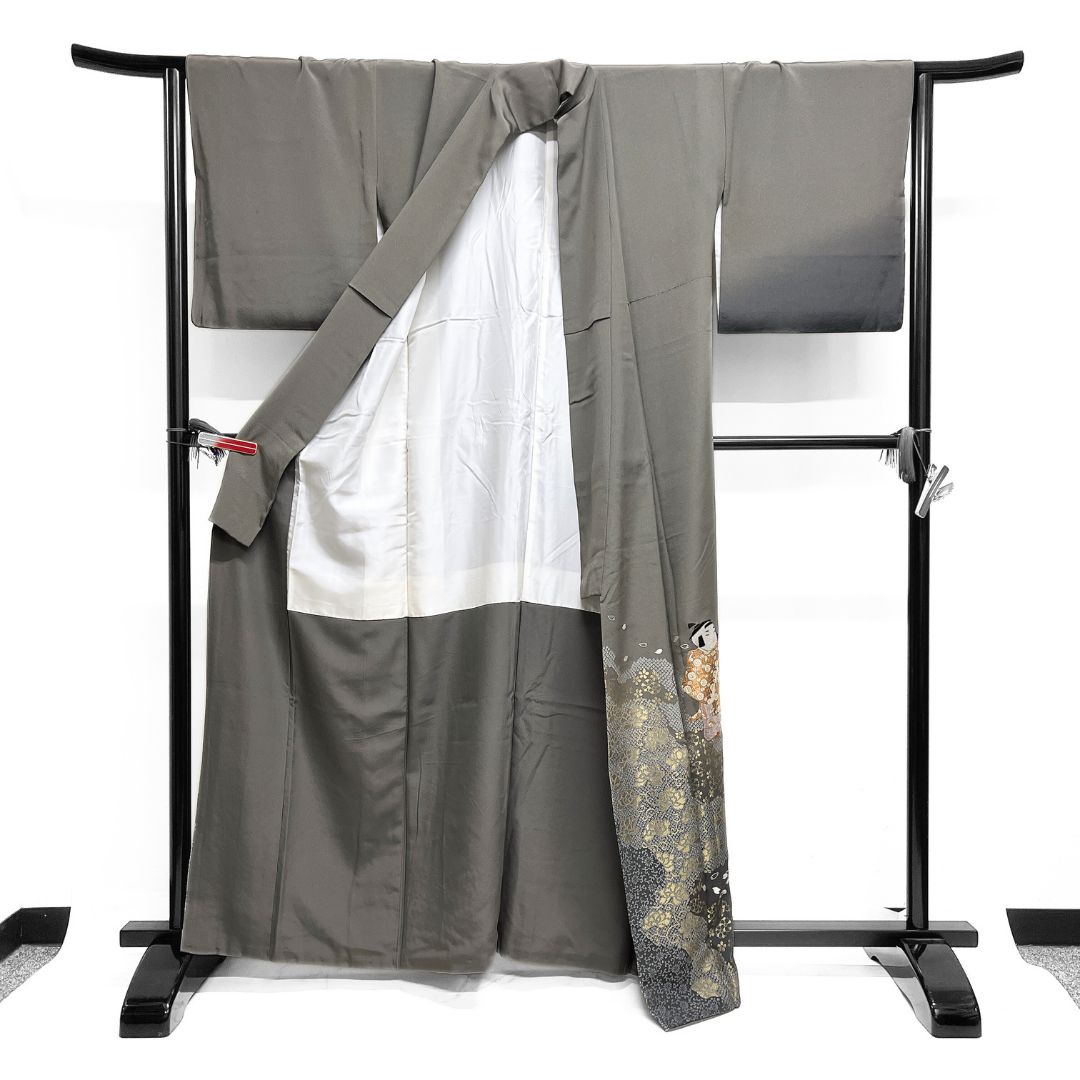 付け下げ 刺繍 童模様 金糸 牡丹 桜 鞠 流水 着物 122 b d ms