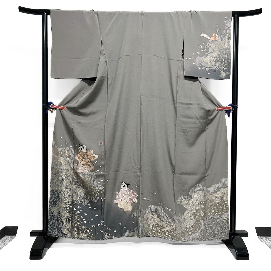 付け下げ 刺繍 童模様 金糸 牡丹 桜 鞠 流水 着物 122 b d ms