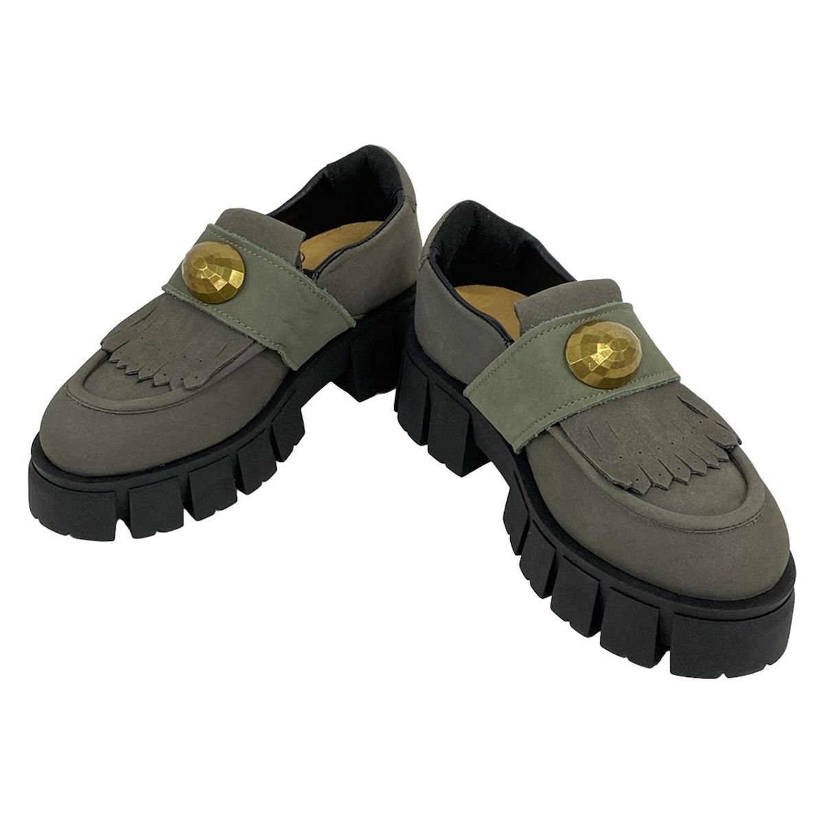 チヴィディーニ ローファー 37 レディース - ダークグレー×カーキ×ゴールド インソール取外し可