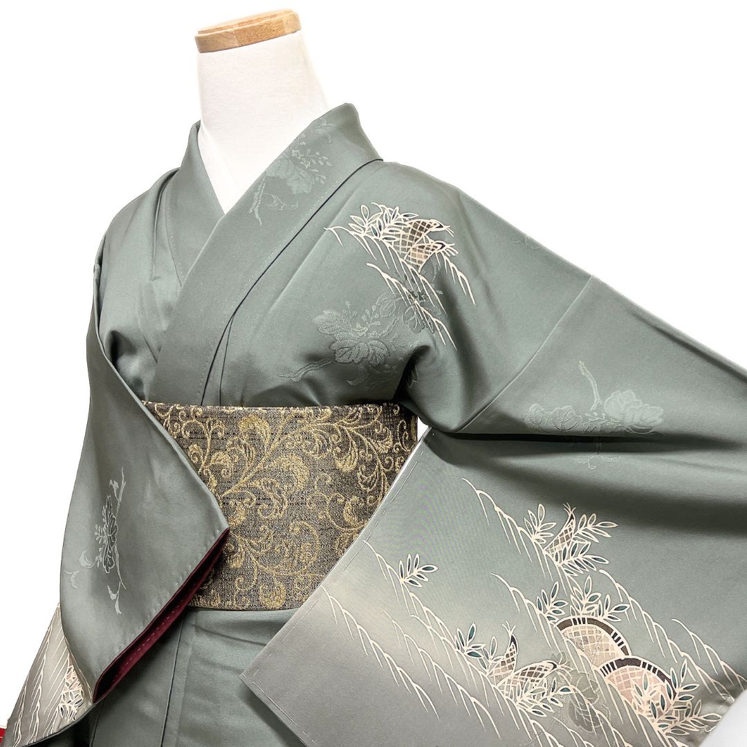 付け下げ 波 網干 籠 葦 桐の花地紋 着物 122 b d ms