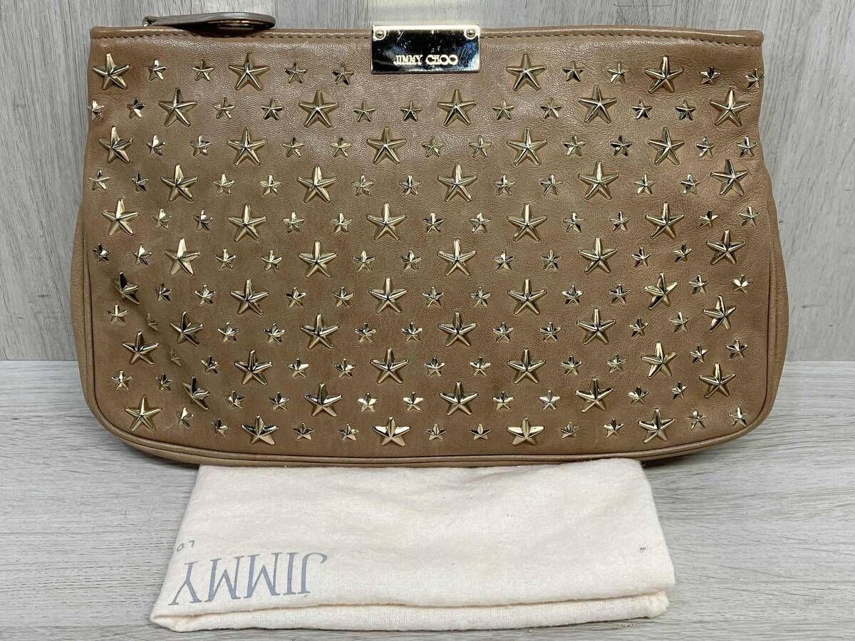 JIMMY CHOO イタリア製 本革 レザー クラッチバッグ パーティー ポーチ ジミーチュウ ブラウン ジッパー 星 スタッズ レディース ベージュ