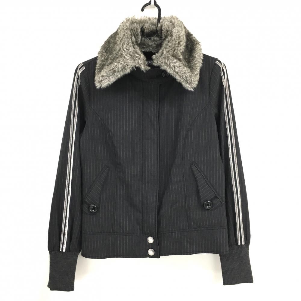 美品】キャロウェイ ファー付きジャケット グレー×白 ストライプ