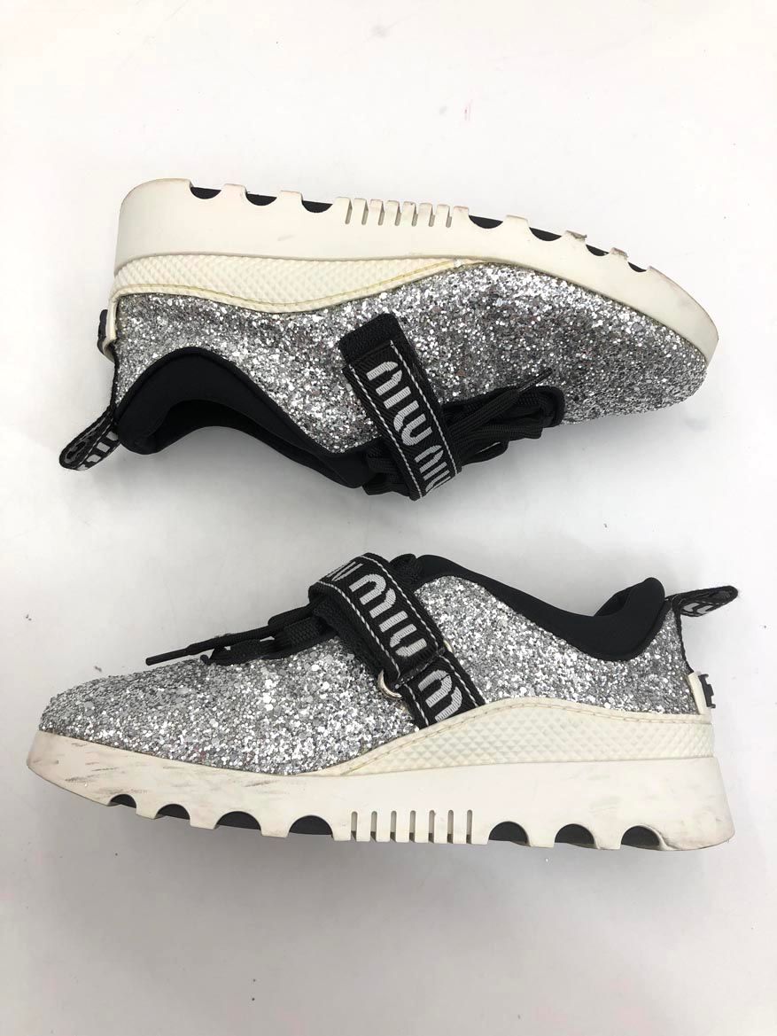 MIUMIU 37 グリッター 厚底スニーカー 美品✨MIU MIU グリッター 厚底 スニーカー ビジュー シルバー ロゴ