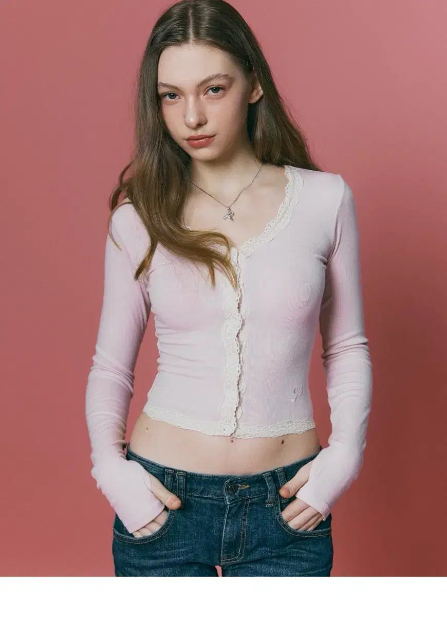 プリーズノーフォロー ミラ レース ロングスリーブ トップス ベビーピンク