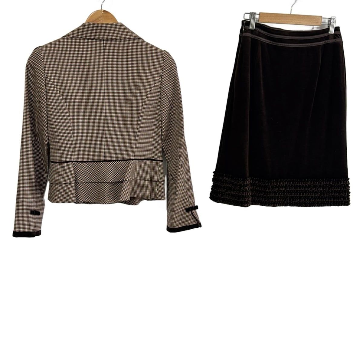 COURREGES クレージュ スカートスーツ レディース - ベージュ×ピンクベージュ×マルチ ベロア チェック柄